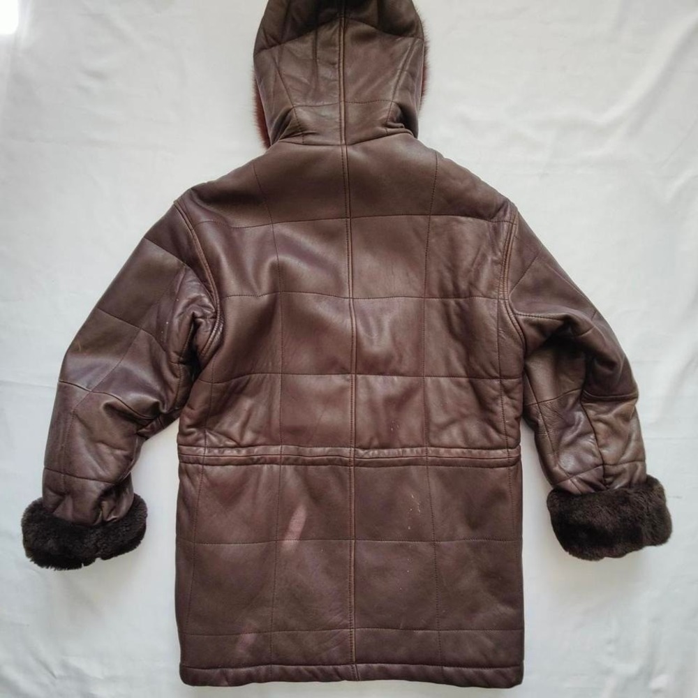 Vintage Marc New York Brown Leather Quilted Coat Fox Fur Trim Insulated Womens M - Picture 5 of 8